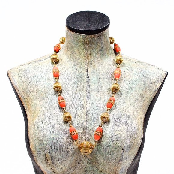 VTG 60's Brass Coral Resin Necklace - Picture 1 of 3